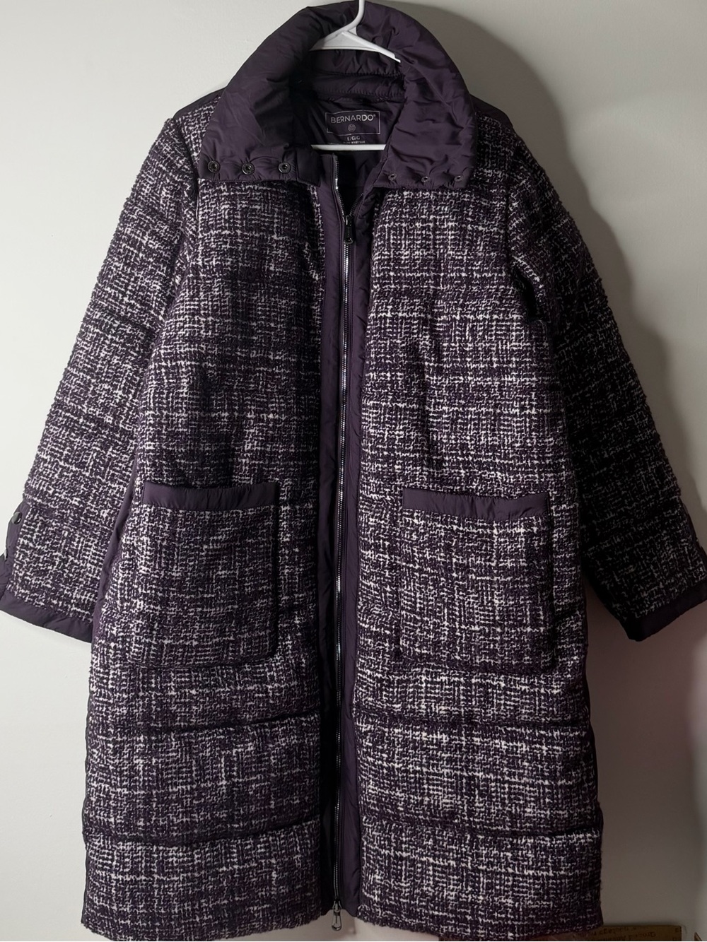 Bernardo Women's Dark Purple Tweed Long Puffer Coat